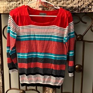 Joseph A. Women’s S. Red-Black-Teal-White Striped Cardigan.